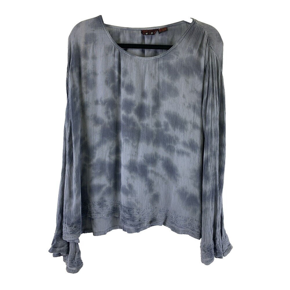 Funky People Blouse Cotton Rayon Flare Long Sleeve Blue Gray Embroidered Large‎